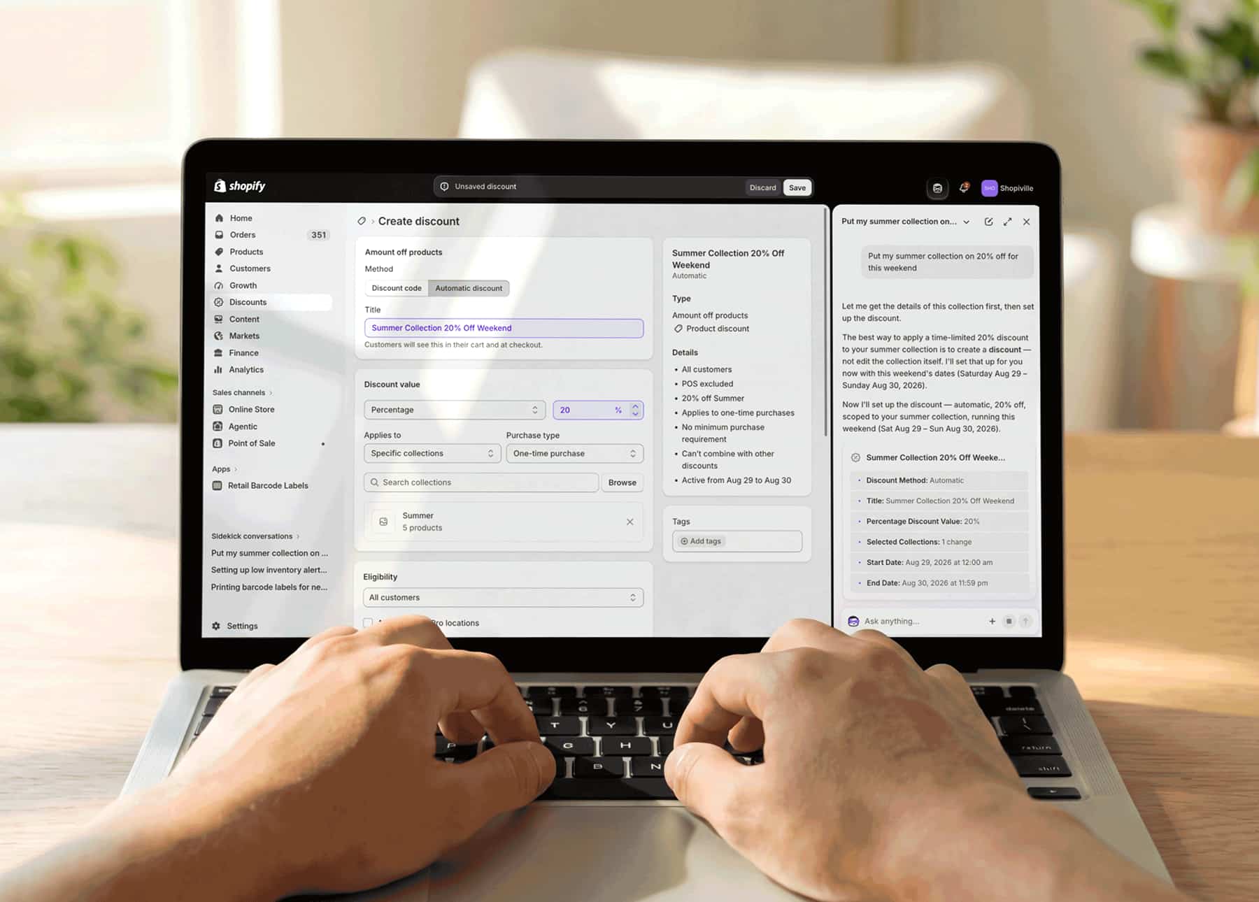 Shopify admin on a laptop with Sidekick creating a discount in the side panel